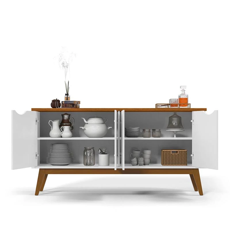 Buffet Aparador 160cm 4 Portas Pés Madeira Prism Patrimar Branco/Cumaru