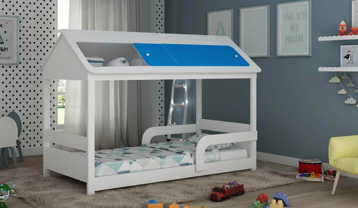 Cama Casinha Infantil Solteiro Sleep Gelius Branco/Azul
