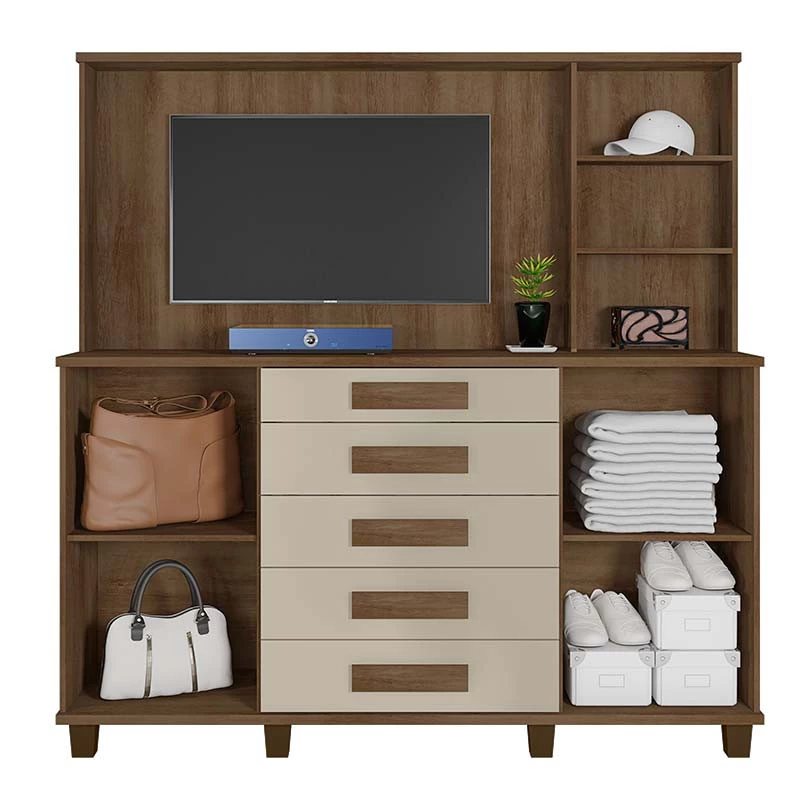 Cômoda com Painel Para TV 42 Polegadas Espelho 183cm Estrela RV Móveis Cinamomo/Off White