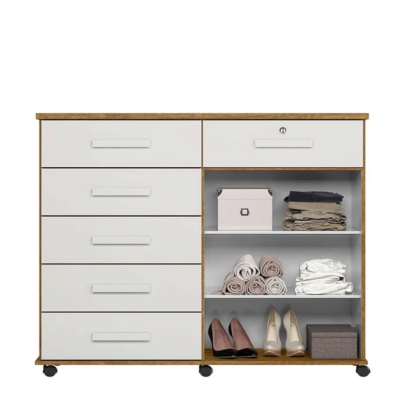 Cômoda Sapateira 1 Porta 6 Gavetas 126cm Platina Lukaliam Freijo/Off White