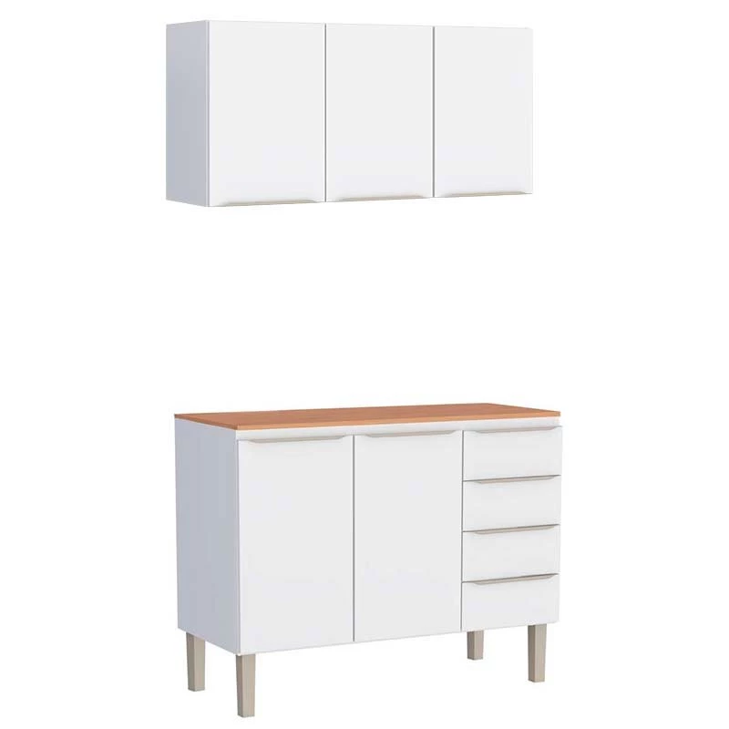 Cozinha Completa Aço Balcão com Tampo Jequitibá e Armário Aéreo 120 Flora Cozimax Branco