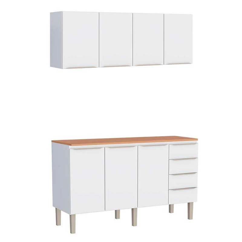 Cozinha Completa Aço Balcão com Tampo Jequitibá e Armário Aéreo 160 Flora Cozimax Branco