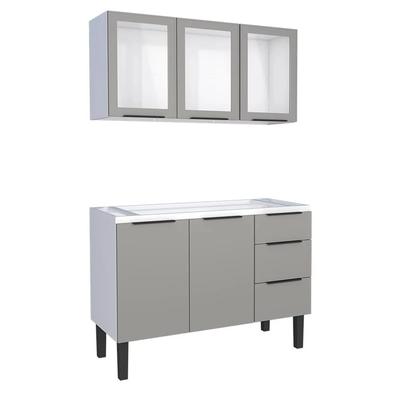 Cozinha Completa Gabinete Para Pia 120cm e Armário Aéreo Portas Vidro Júpiter Cozimax Cinza Argila