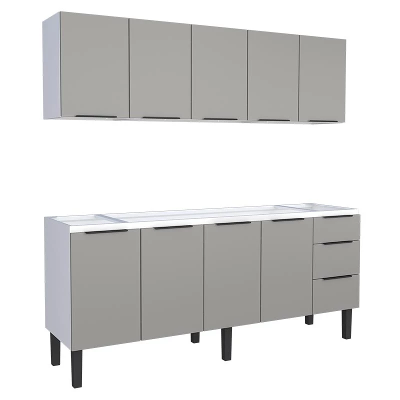 Cozinha Completa Gabinete Para Pia 200cm e Armário Aéreo Júpiter Cozimax Cinza Argila