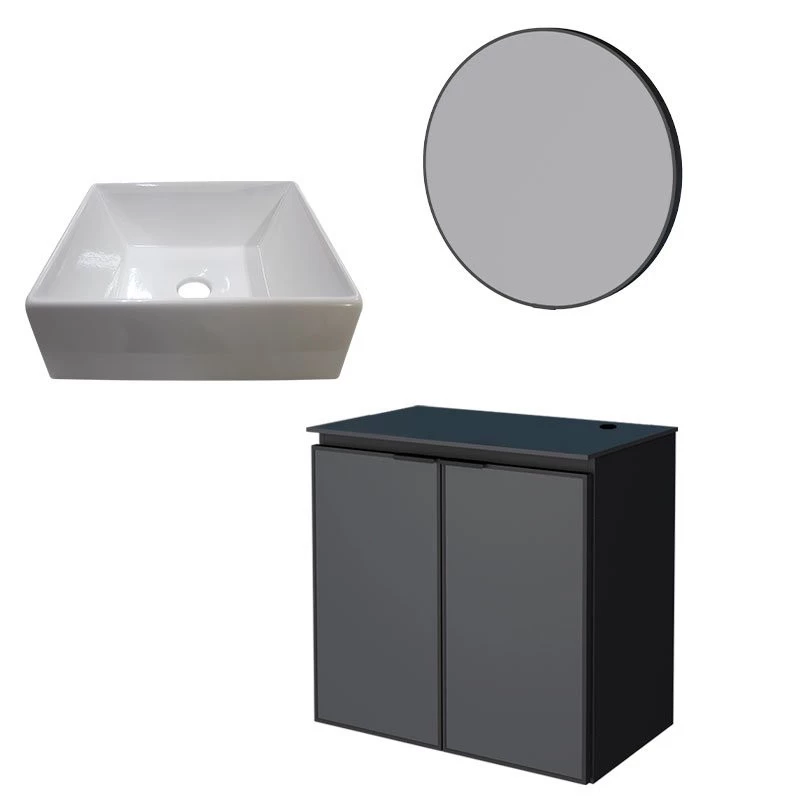 Conjunto Banheiro Aço Gabinete Umbu 60 Preto Com Cuba Prisma e Espelho Luna Cozimax