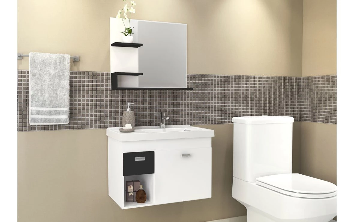 Gabinete Para Banheiro Madeira Camélia 60 Cozimax Branco/Preto