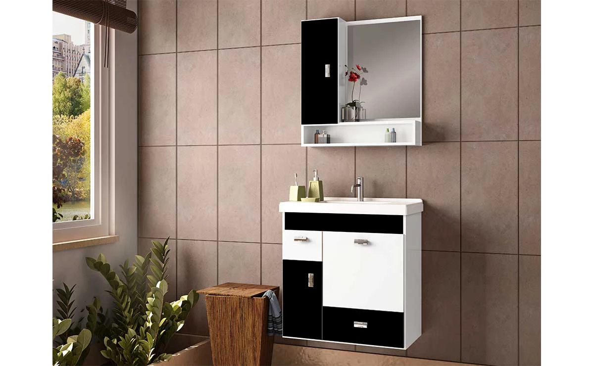 Gabinete Para Banheiro Madeira Orquídea 60 Cozimax Branco/Preto