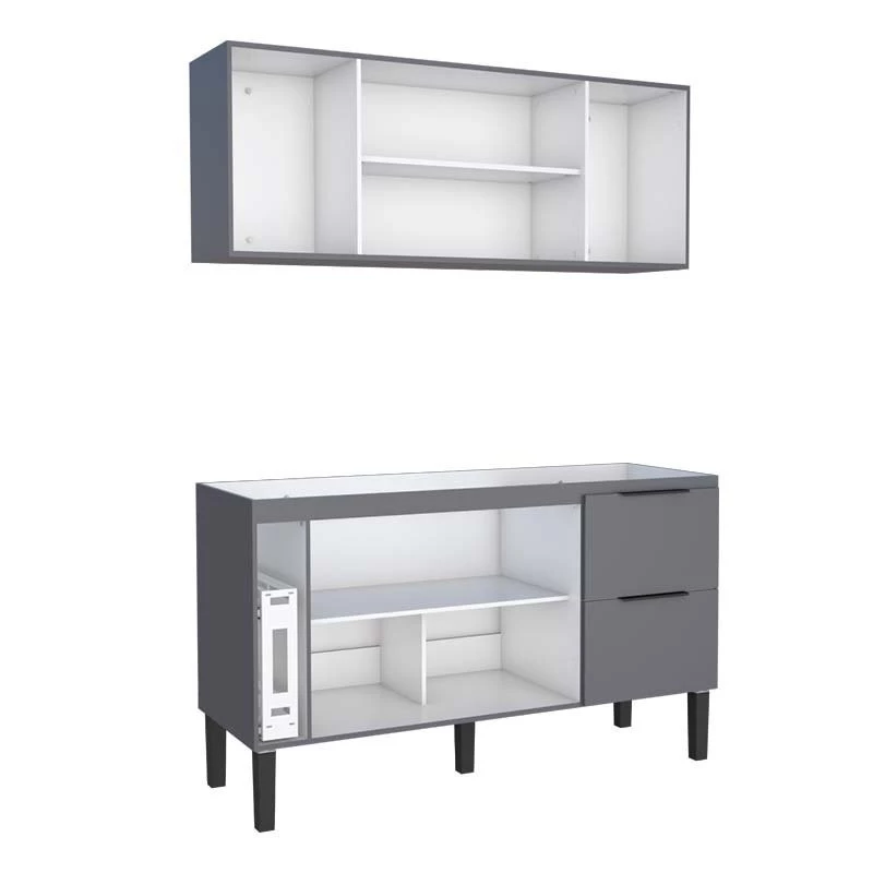Cozinha Completa de Madeira Gabinete Para Pia 150cm e Armário Aéreo Cisne Cozimax Cinza