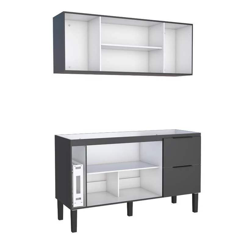 Cozinha Completa de Madeira Gabinete Para Pia 150cm e Armário Aéreo Cisne Cozimax Preto