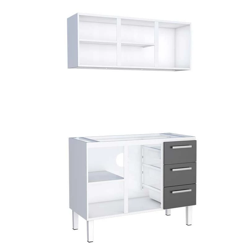 Cozinha de Aço Gabinete Para Pia 120cm com Armário Aéreo Vênus Cozimax Branco/Preto