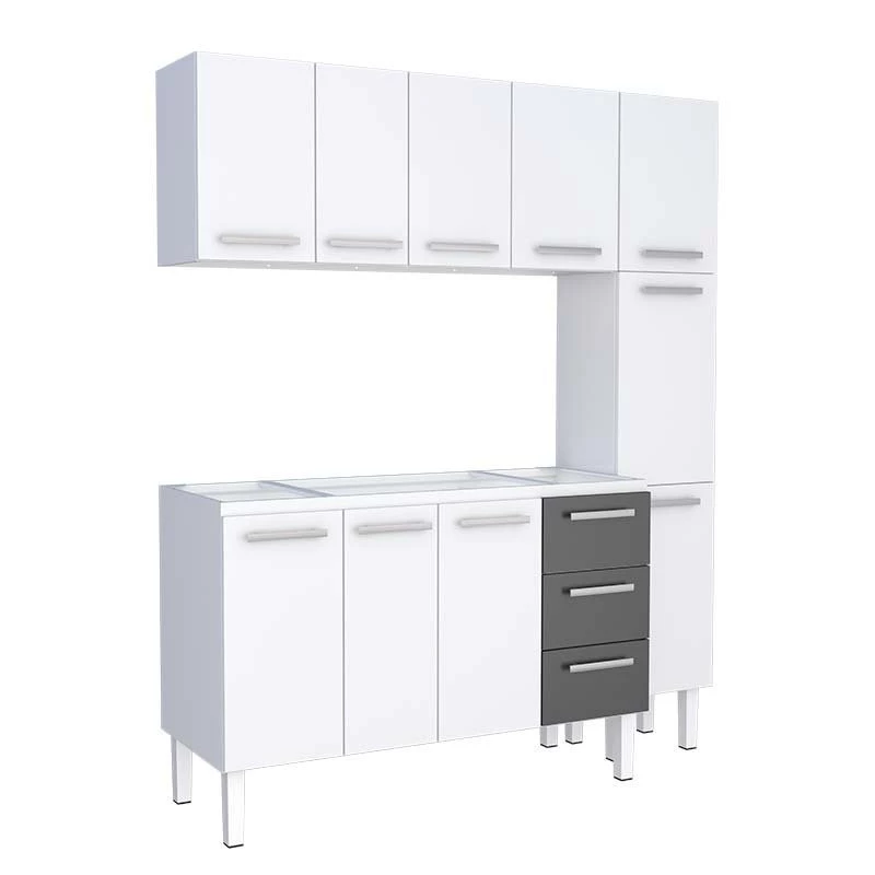 Cozinha Completa de Aço Gabinete Para Pia 150cm com Aéreo e Paneleiro Vênus Cozimax Branco/Preto