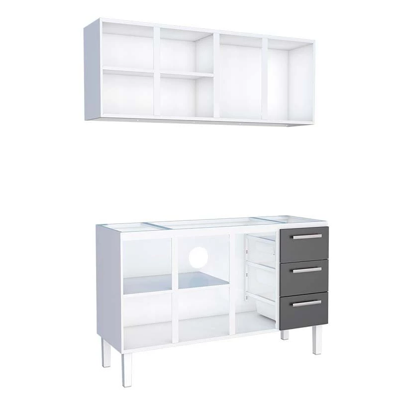 Cozinha de Aço Gabinete Para Pia 150cm com Armário Aéreo Vênus Cozimax Branco/Preto