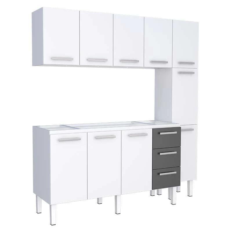 Cozinha Completa de Aço Gabinete Para Pia 160cm com Aéreo e Paneleiro Vênus Cozimax Branco/Preto