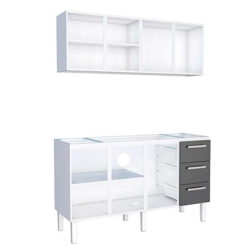 Cozinha de Aço Gabinete Para Pia 160cm com Armário Aéreo Vênus Cozimax Branco/Preto