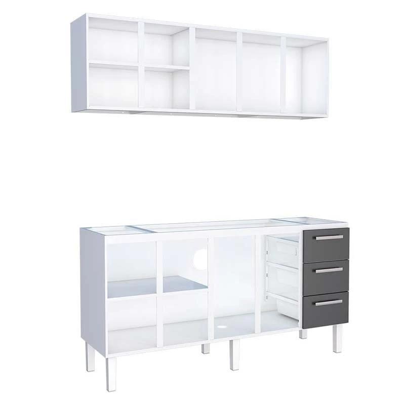 Cozinha de Aço Gabinete Para Pia 180cm com Armário Aéreo Vênus Cozimax Branco/Preto