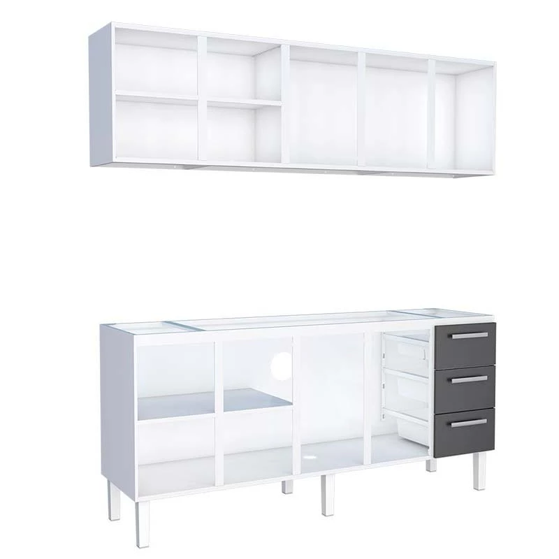Cozinha de Aço Gabinete Para Pia 200cm com Armário Aéreo Vênus Cozimax Branco/Preto