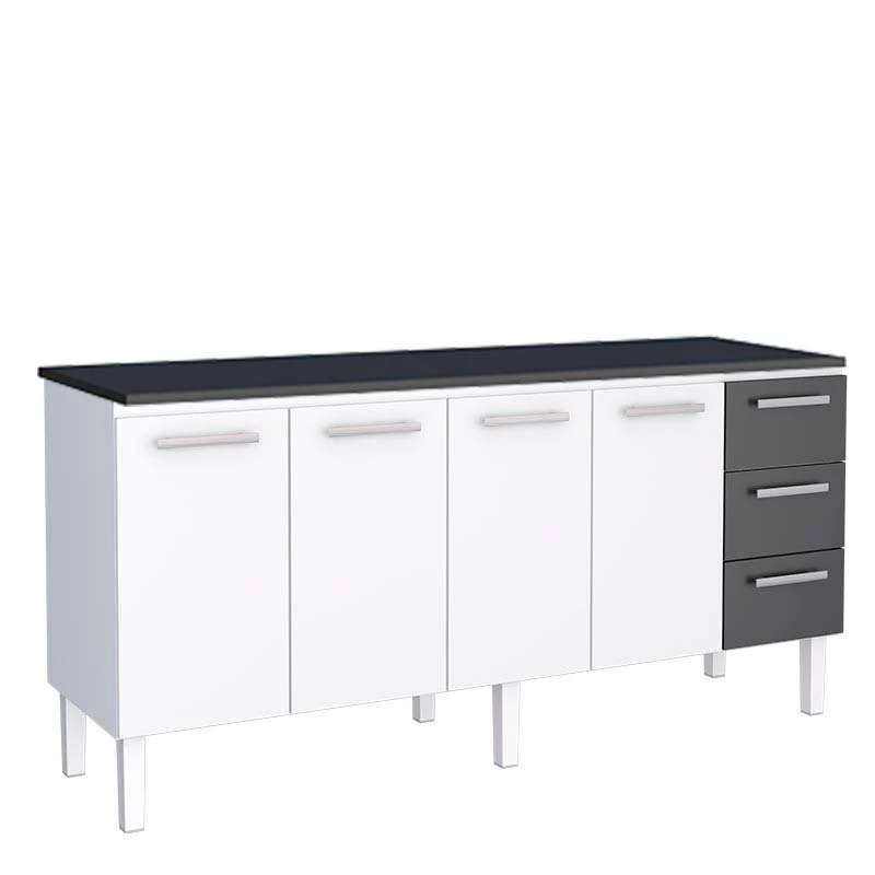 Balcão Cozinha Aço 200 Vênus 3 Gavetas Com Tampo Cozimax Branco/Preto