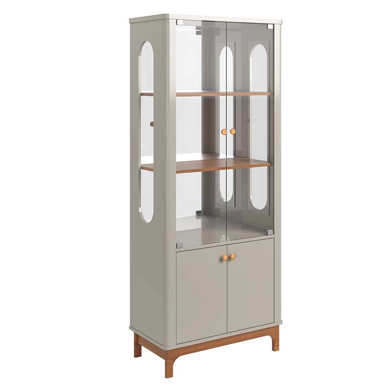 Cristaleira de Vidro e Espelho Moderna 180x74cm Jade Lukaliam Off White/Jequitiba