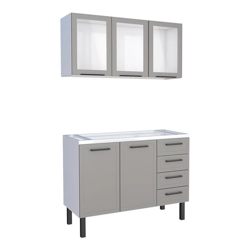 Cozinha Completa Gabinete Para Pia 120 e Armário Aéreo Porta Vidro Juno/Apolo 4 Gavetas Cozimax Cinza Argila