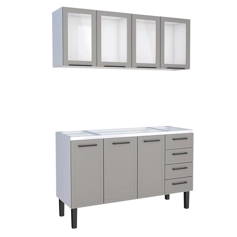 Cozinha Completa Gabinete Para Pia 150 e Armário Aéreo Portas Vidro Juno/Apolo 4 Gavetas Cozimax Cinza Argila