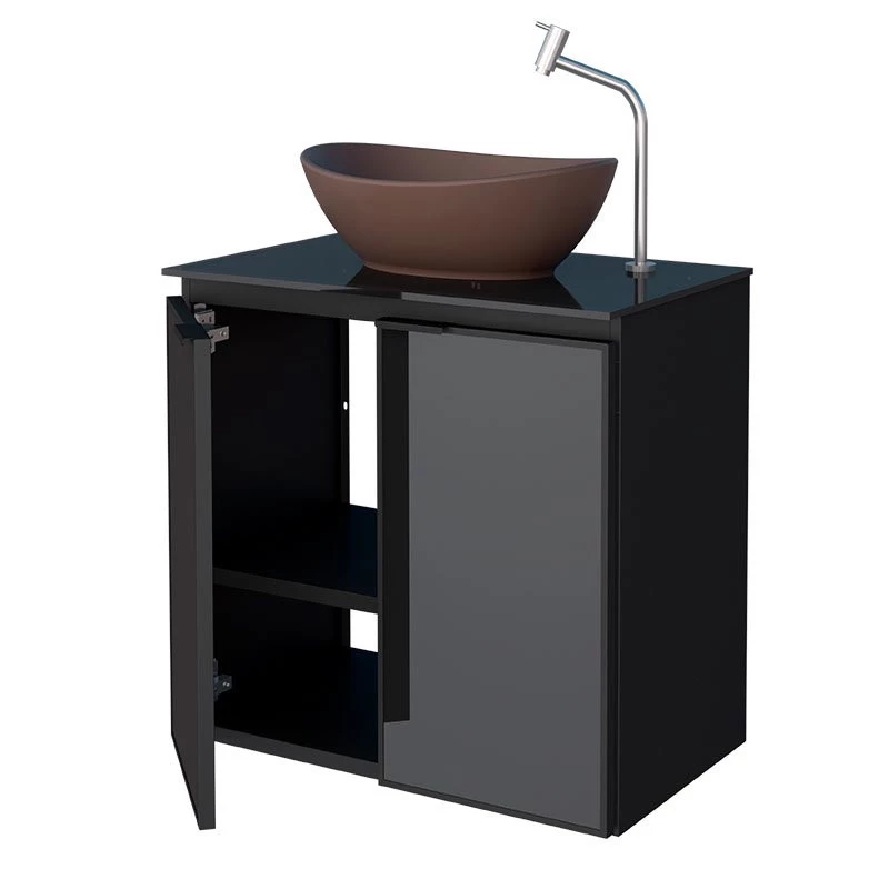 Gabinete Para Banheiro Preto Aço Umbu Tampo Vidro Com Cuba Bali Marrom Cozimax 