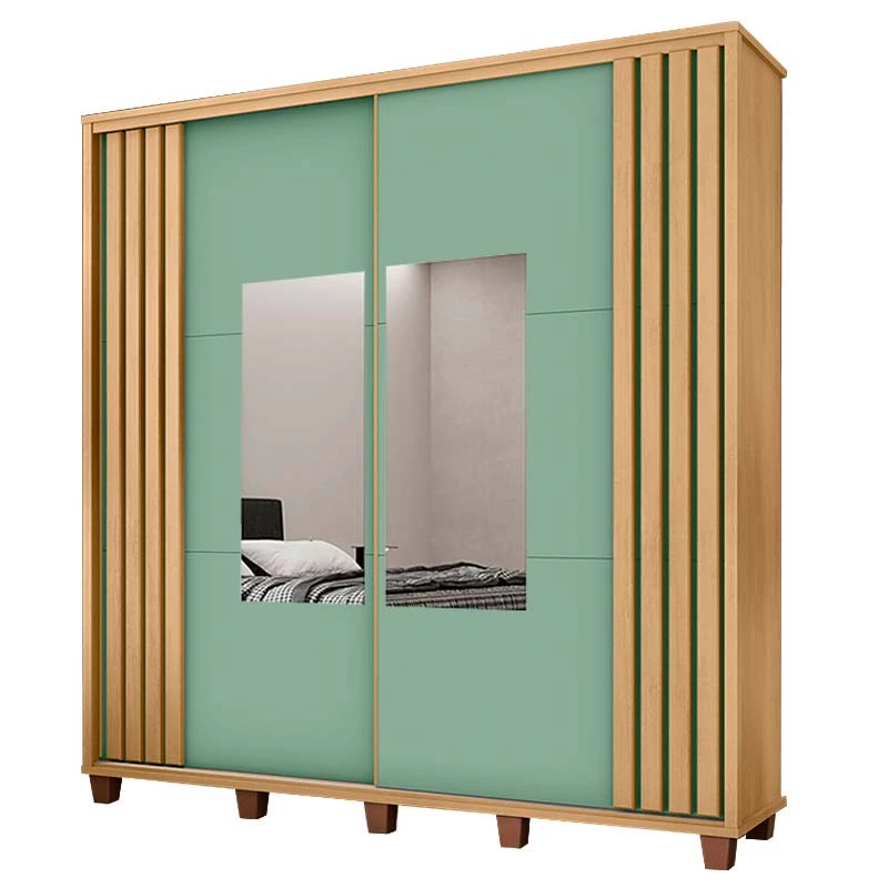 Roupeiro Casal 228cm Portas Correr Com Espelho Monte Carlo RV Móveis Cinamomo Ripado/Verde