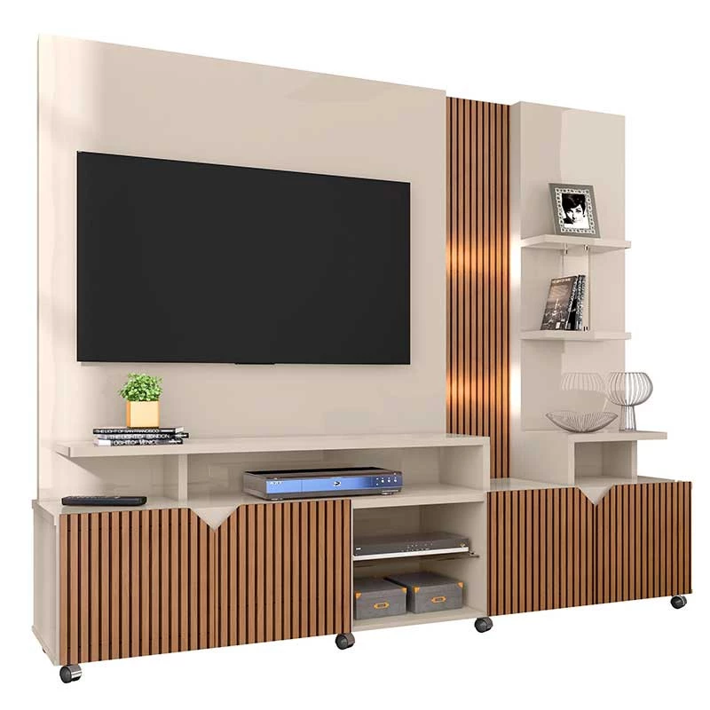 Estante Home 210cm Sala Para TV 55 Pol Com LED Cross 2.1 Lukaliam Off White/Tauari Ripado