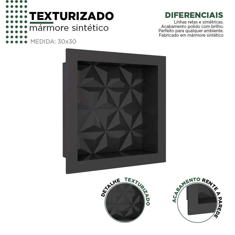 Nicho Para Banheiro 30x30x10 Mármore Sintético Cozimax Preto Textura
