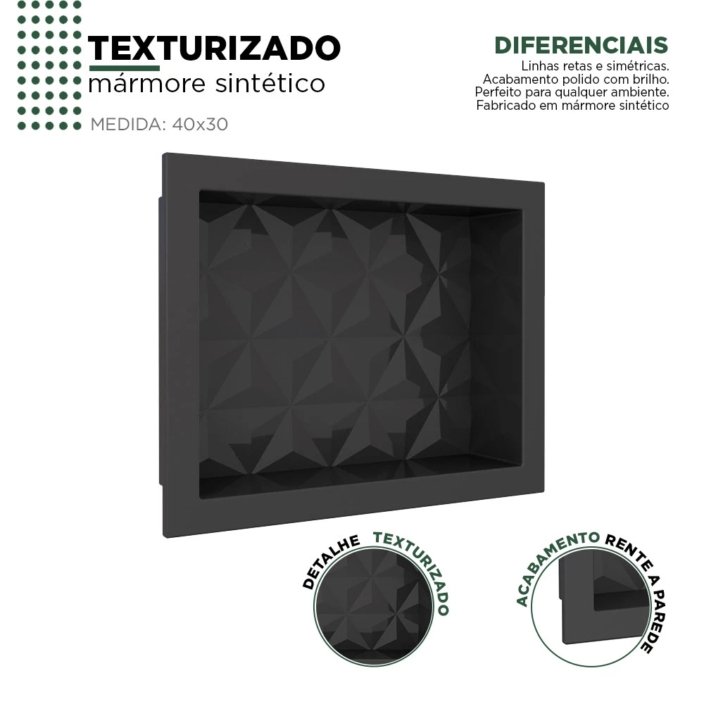 Nicho Para Banheiro 40x30X10 Mármore Sintético Cozimax Preto Textura