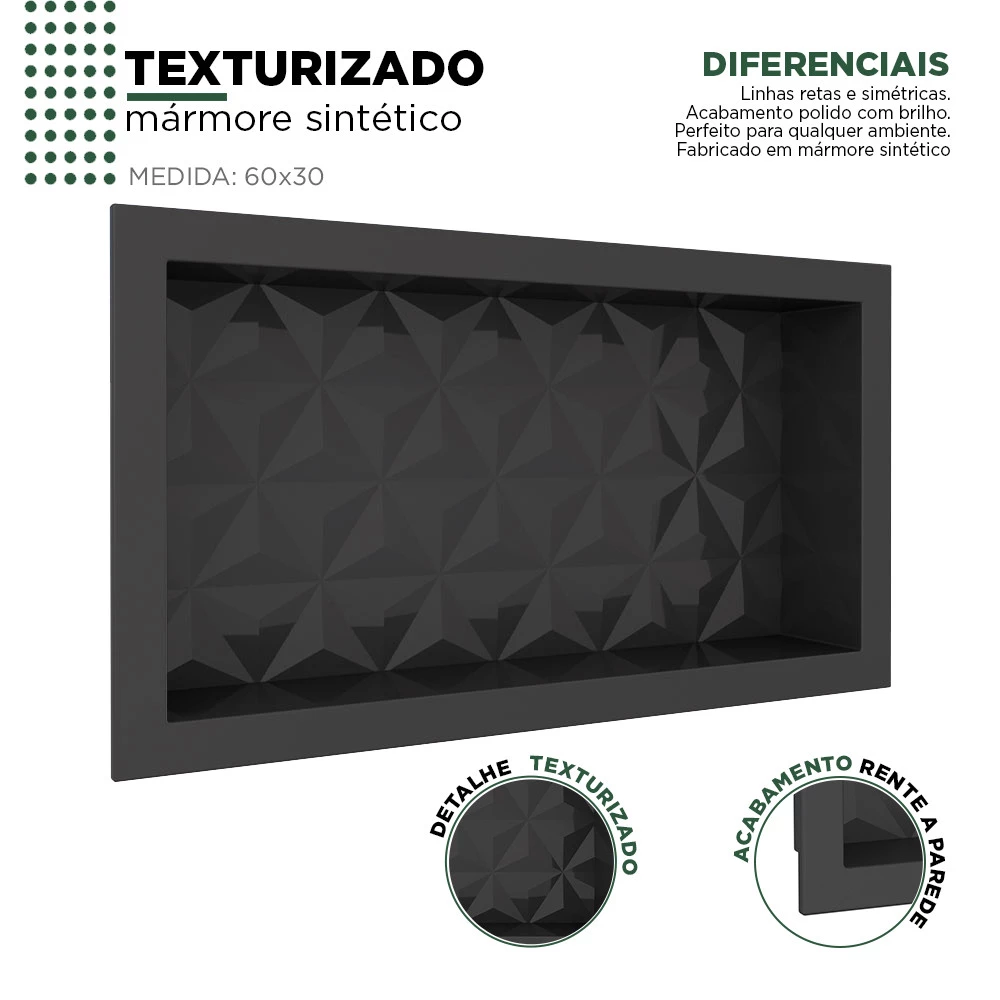 Nicho Para Banheiro 60x30X10 Mármore Sintético Cozimax Preto Textura