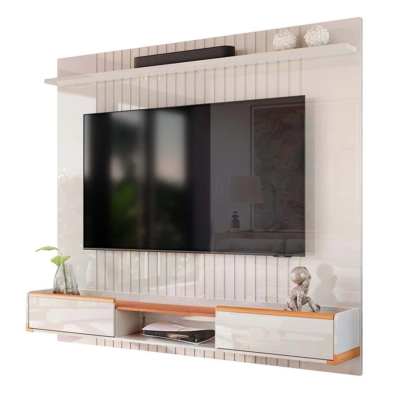 Painel Ripado Suspenso Para TV 70 Polegadas 186cm Atlas Lukaliam Off White Perolizado/Jequitiba