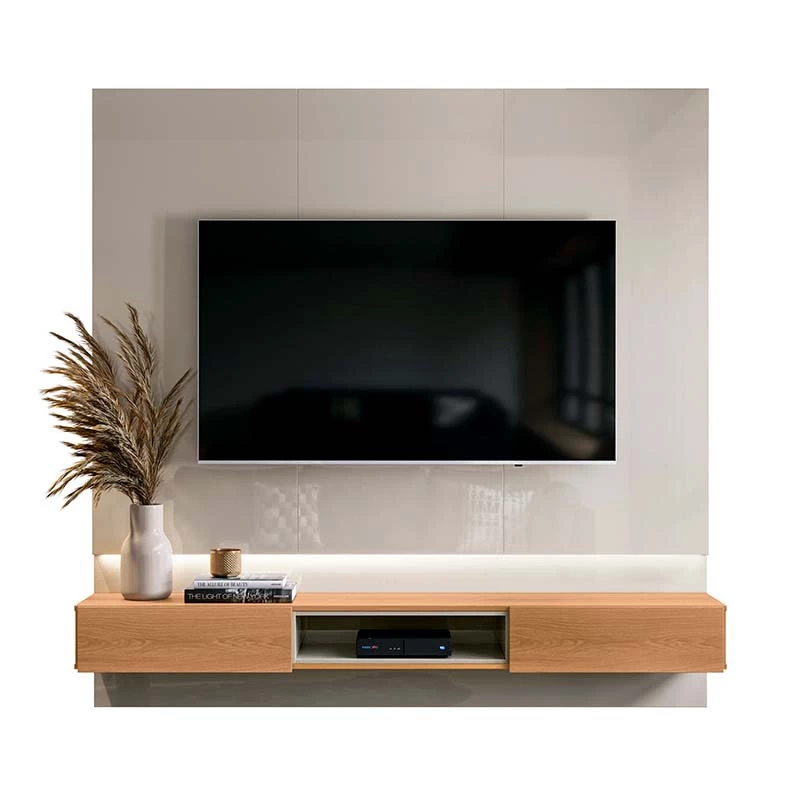 Painel Para TV 70 Polegadas 180cm Com LED Paris Lukaliam Off White Perolizado/Jequitiba