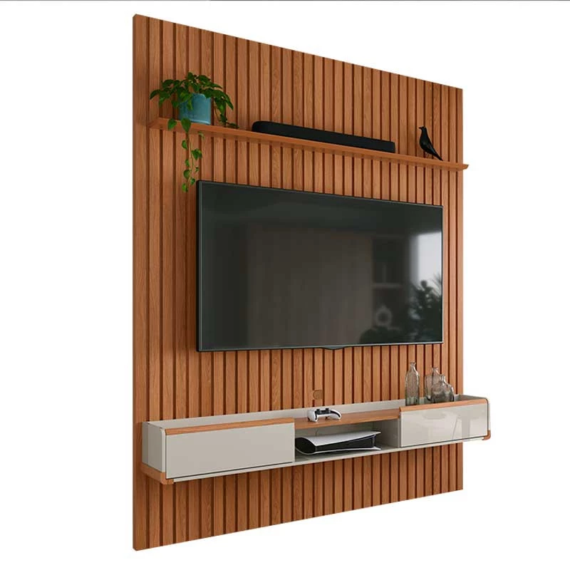 Painel Ripado Bali 190cm x 250cm Para TV 75 Com Bancada Atlas Lukaliam Jequitiba/Off White