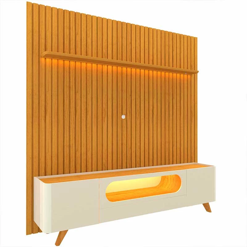 Rack Nobre Pés Madeira Com Painel Ripado Nobre TV 85 Pol 230x250 Gelius Naturale/Off White