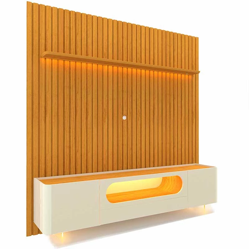 Rack Nobre Pés Vidro Com Painel Ripado Nobre TV 85 Pol 230x250 Gelius Naturale/Off White