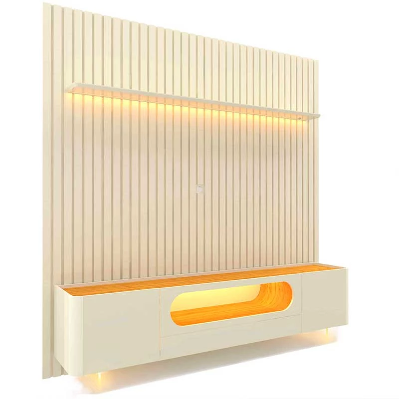 Rack Nobre Pés Vidro Com Painel Ripado Nobre TV 85 Pol 230x250 Gelius Off White