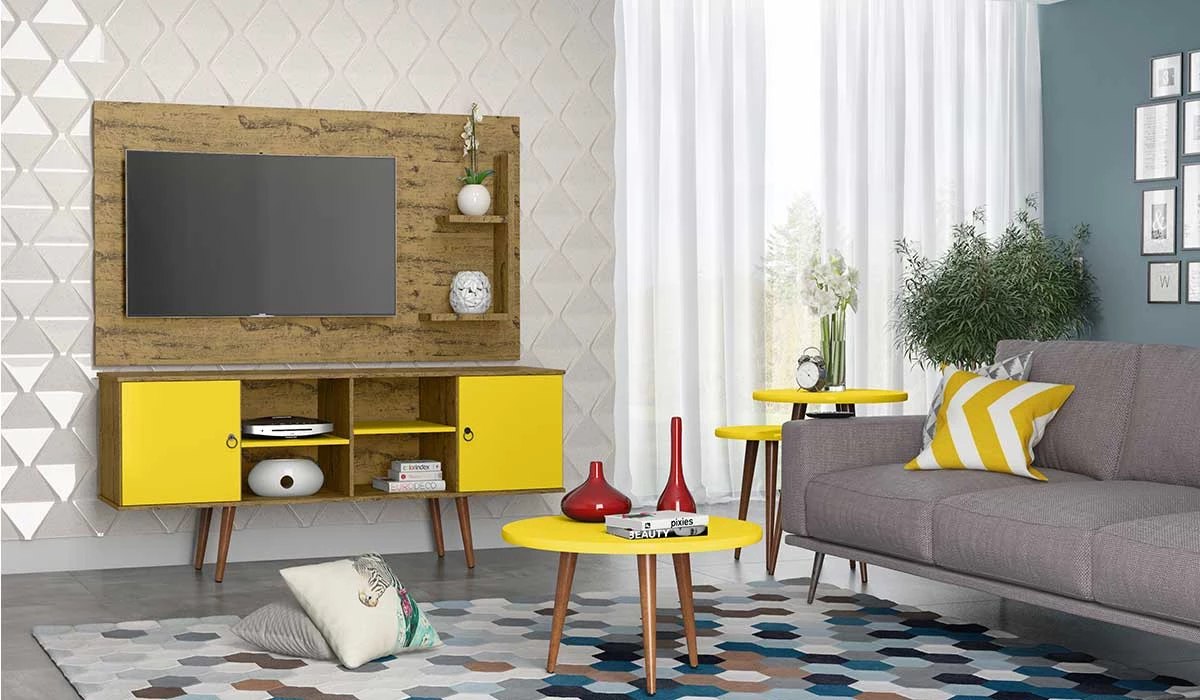 Rack Retrô Para TV 55 Polegadas Estrela Patrimar Nature/Amarelo