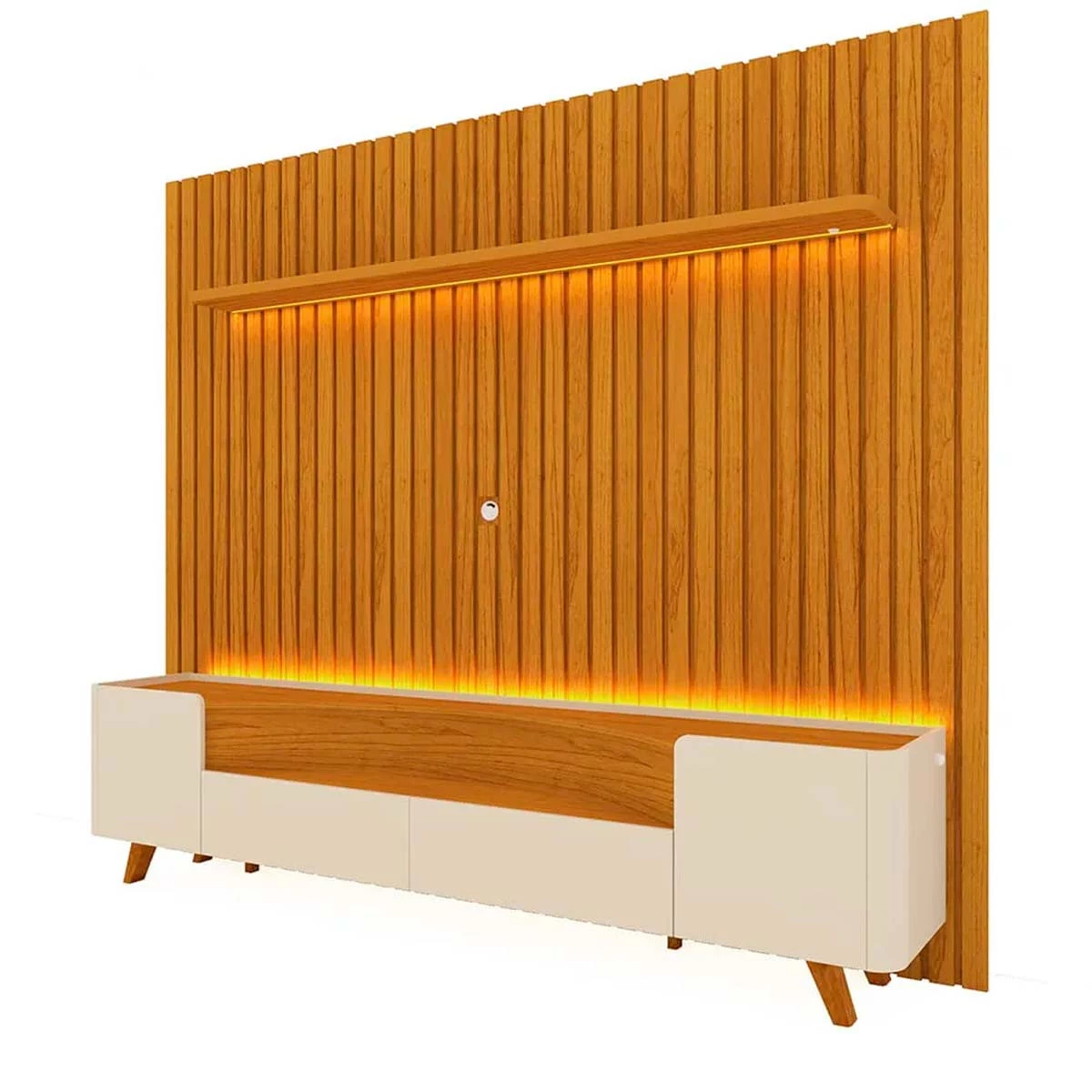 Rack Infinity Pés Madeira Com Painel Ripado Nobre TV 85 Pol 230x250 Gelius Naturale/Off White