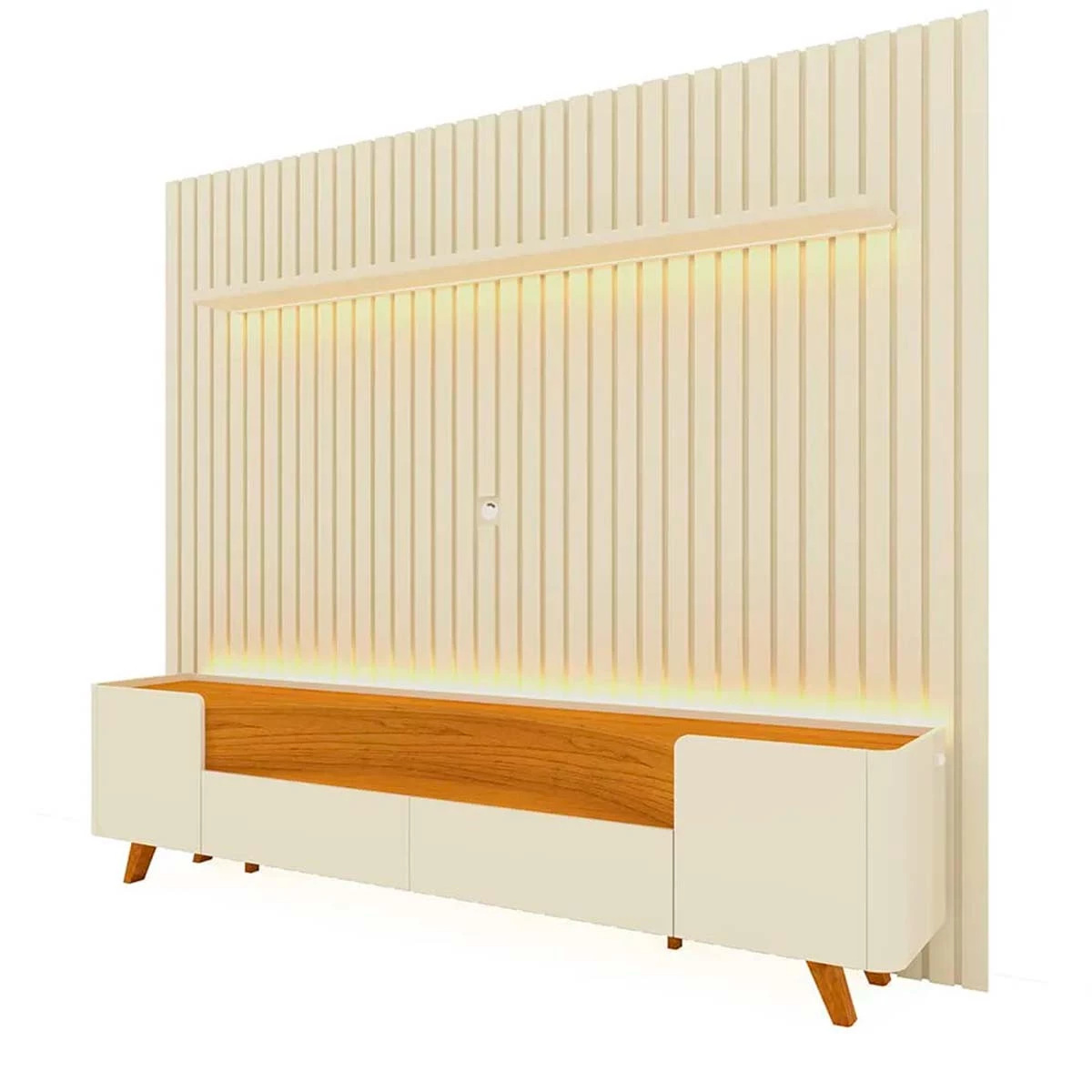 Rack Infinity Pés Madeira Com Painel Ripado Nobre TV 85 Pol 230x250 Gelius Off White/Naturale