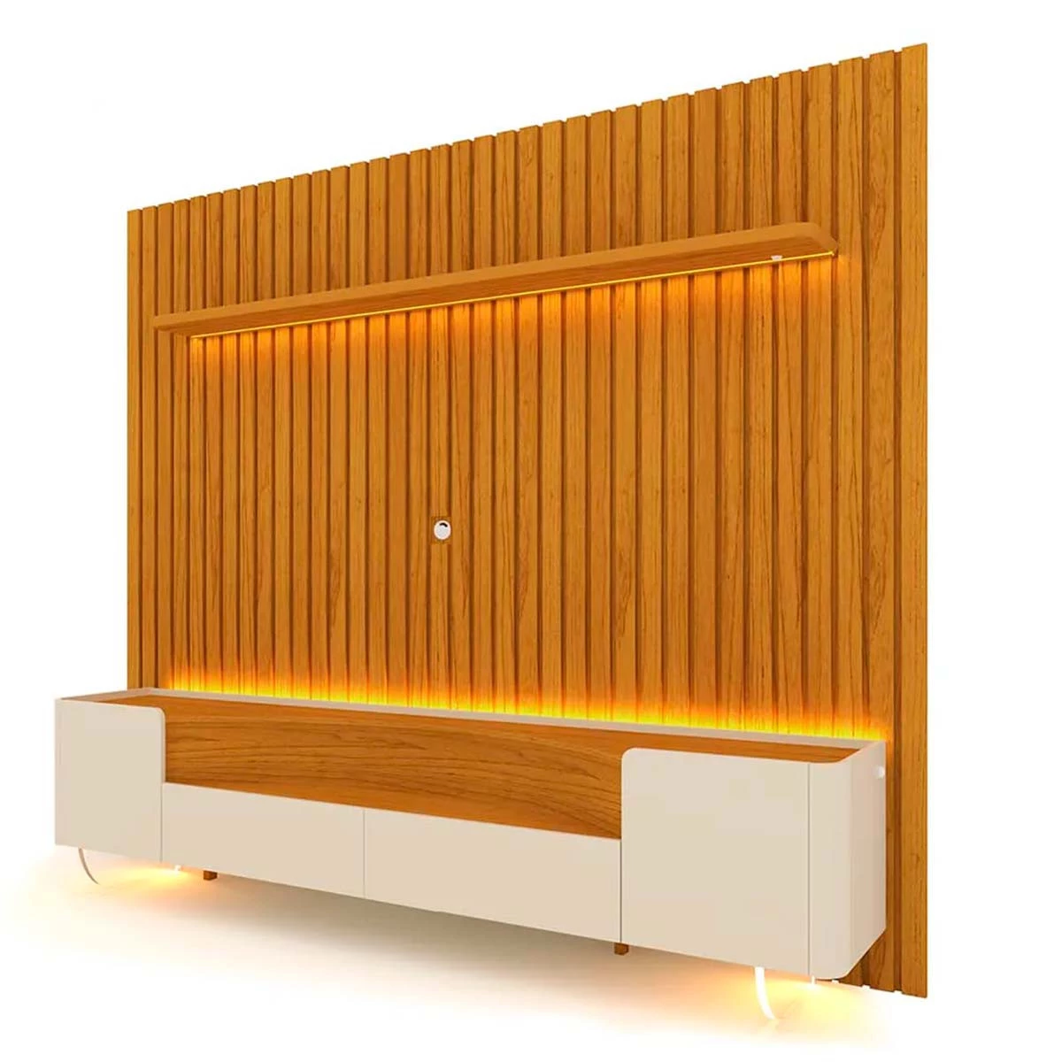 Rack Infinity Pés Vidro Com Painel Ripado Nobre TV 85 Pol 230x250 Gelius Naturale/Off White