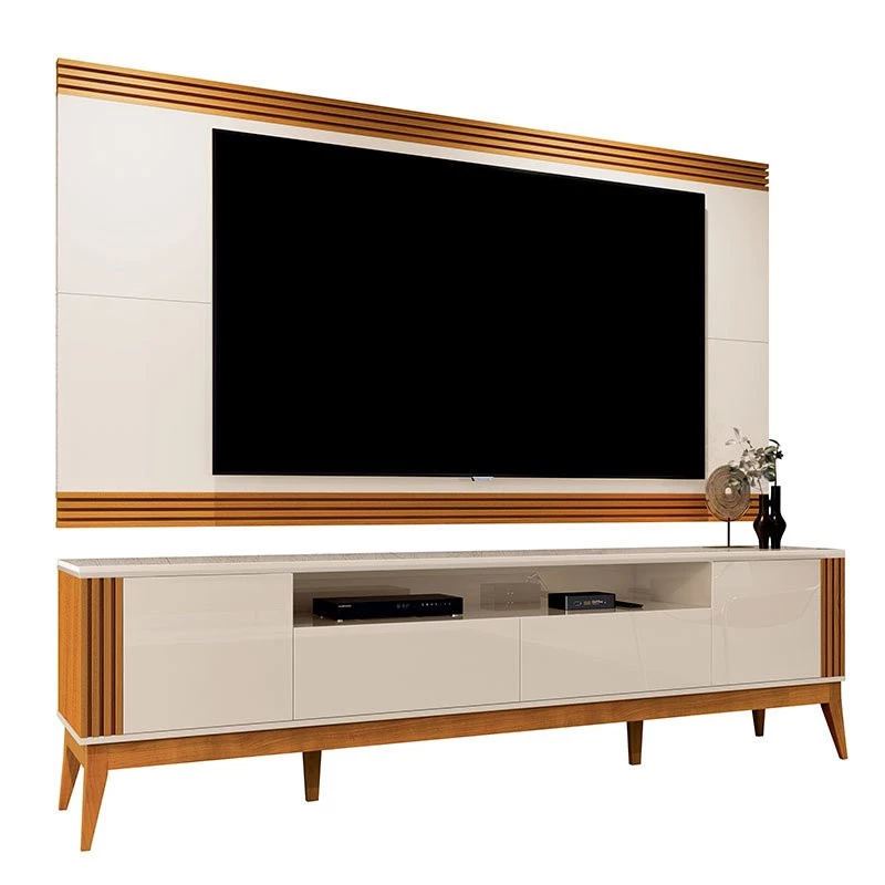 Rack Com Painel Ripado Para TV 75 Polegadas Brunt 220cm EAX Móveis Off White/Cedro