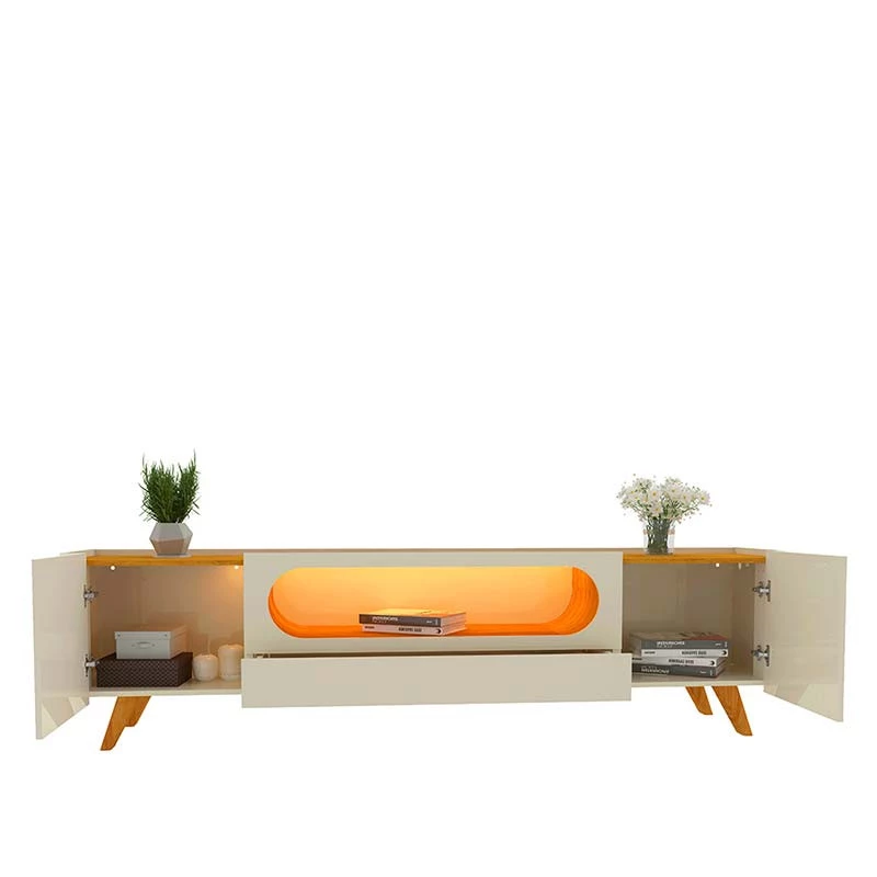 Rack Com LED Pra TV 75 Polegadas Design Exclusivo 210cm Nobre Pés de Madeira Gelius Off White