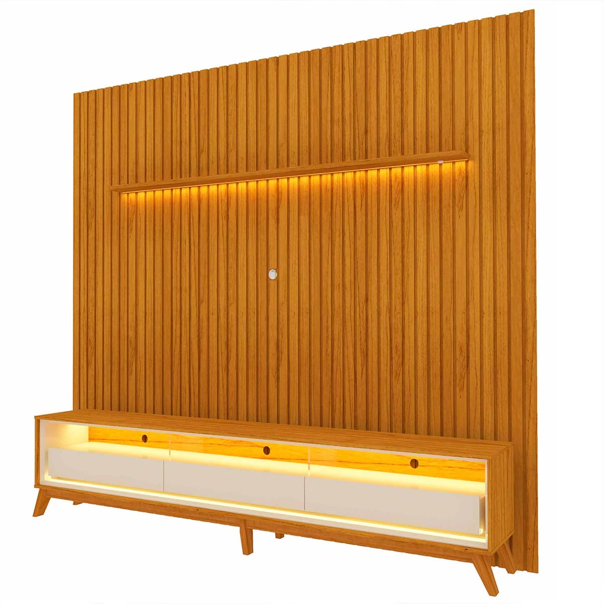 Rack Requinte 260 Pés Madeira com Painel Ripado Nobre LED 275cm TV 85 Polegadas Gelius Naturale/Off White