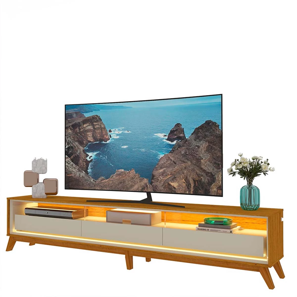 Rack Com LED Pra TV 85 Polegadas 260cm Requinte Pés de Madeira Gelius Naturale/Off White