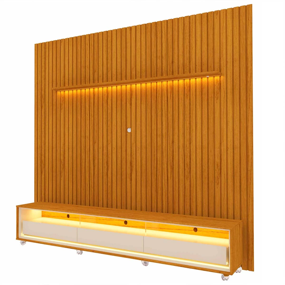Rack Requinte 260 Pés Rodízios com Painel Ripado Nobre LED 275cm TV 85 Polegadas Gelius Naturale/Off White