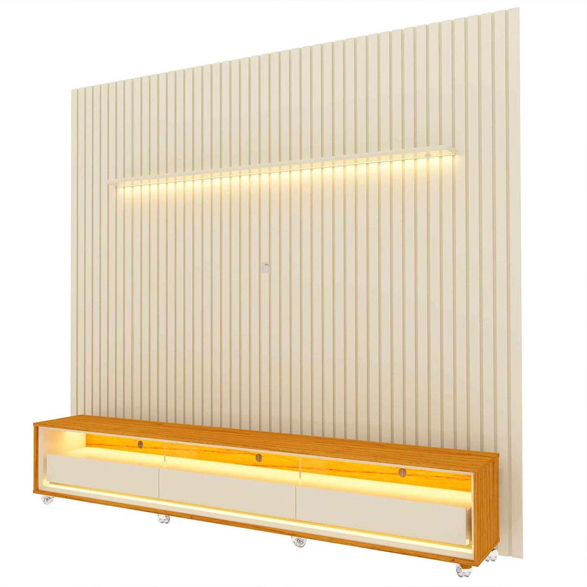 Rack Requinte 260 Pés Rodízios com Painel Ripado Nobre LED 275cm TV 85 Polegadas Gelius Off White/Naturale