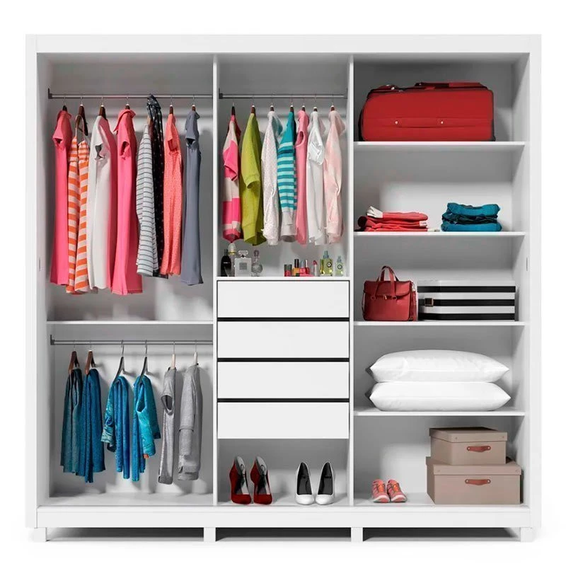 Guarda Roupa Grande Casal 3 Portas Correr 1 Porta de Espelho e Pés 228x226 Royale Gelius Branco