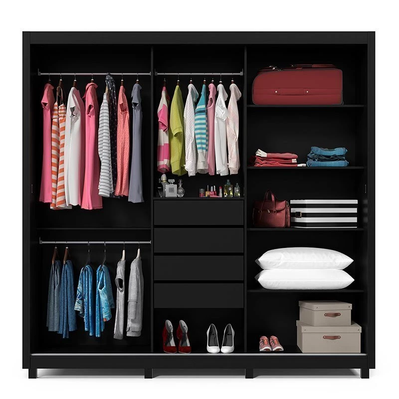 Guarda Roupa Grande Casal 3 Portas Correr 1 Porta de Espelho e Pés 228x226 Royale Gelius Preto