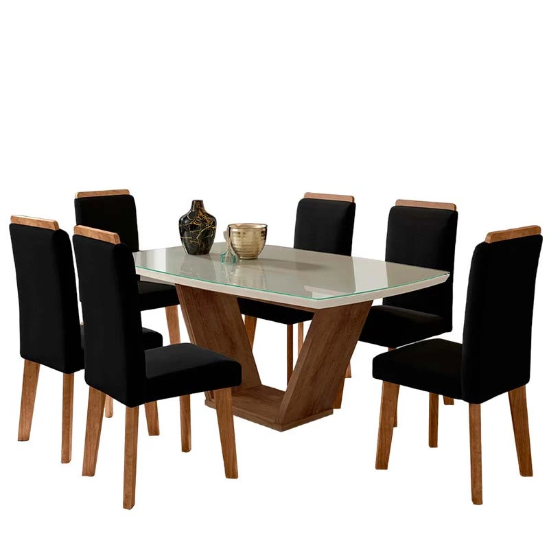 Conjunto Mesa Jantar com 06 Cadeiras Diamante RV Móveis Cinamomo/Grafite/Preto