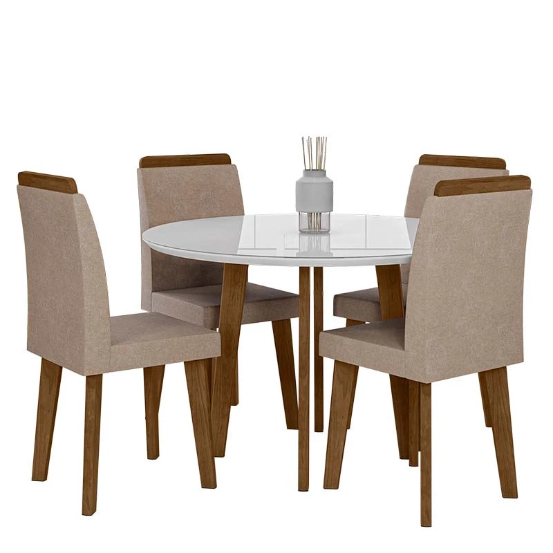 Conjunto Mesa de Jantar Redonda Tampo Vidro Com 04 Cadeiras Turmalina RV Móveis Branco/Pena Caramelo